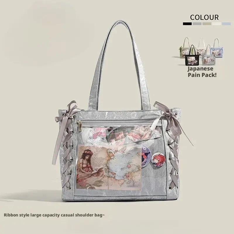 RIVERICH Sweet girl large-capacity tote bag for women, anime style, transparent, fresh and simple, single shoulder bag, Japanese style ribbon bag ita Fashionable Patterned Bag