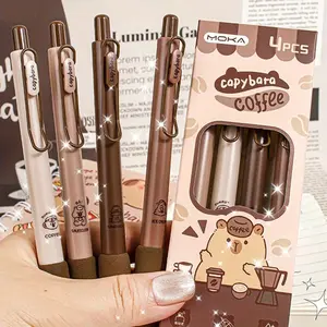 4pcs Cute Capybara Coffee Themed Gel Pens, 0.5mm Fine Point, Black Ink, Soft Grip, Plastic Body, Smooth Writing Experience, Ideal for School & Office Supplies, Perfect Gift Choice, Cute Pens