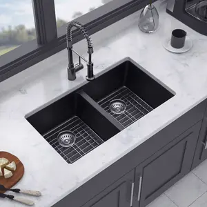 33" x 19" Drop-in Double Bowl Quartz/Granite Composite Kitchen Sink in Matte Black RX-QS05-3319B-55