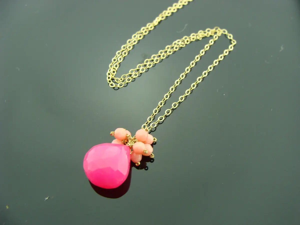 Hot Pink Chalcedony and Coral Cluster Necklace · 14K Gold Filled Gemstone Jewelry · Bright Statement Gift for Her