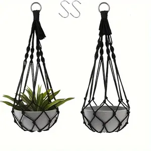 Macrame Plant Holder in Black for Indoor Bohemian Plants, Featuring Hooks for Hanging. Ideal for Outdoor Window Or Wall Decoration