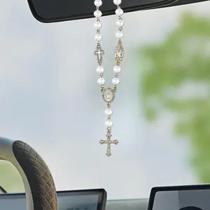 1PC Holy Cross Car Mirror Pendant - Pearl Prayer Bracelet Set for Women Men, Baptism Gift, Car Decor Accessories, Car Ornament, Safe Legal Accessories, Car Hanging Decoration, Car Interior Accessory