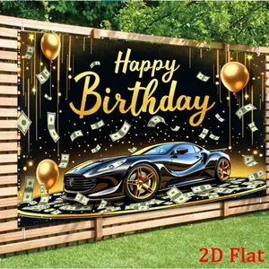 [2D Flat Party Banner] Black Sports Car with Golden Wheels, Money and Balloons Happy Birthday Photography Background Banner for Men Birthday Party Decorations Background Indoor Outdoor Home Decor Porch Decor Family Gathering Background