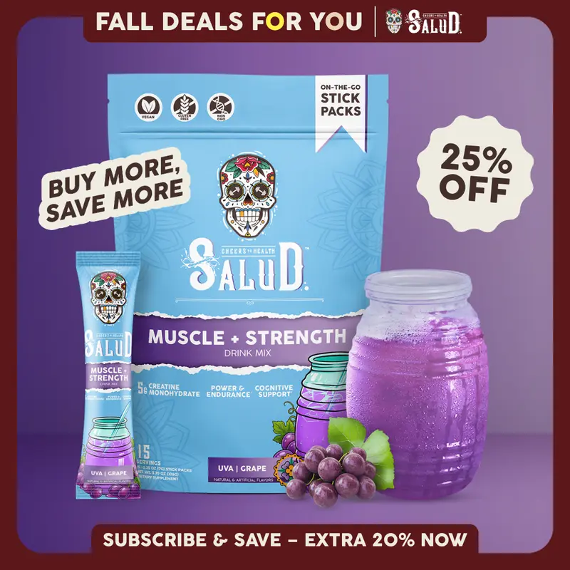 Salud 2-in-1 [Muscle + Strength] Daily Performance Drink Mix, Post Workout Recovery, Strength, Power, Endurance & Cognitive Support, 5g Creatine Monohydrate + 50mg Senactiv, 0g Sugar, Sports Nutrition (15 Servings)