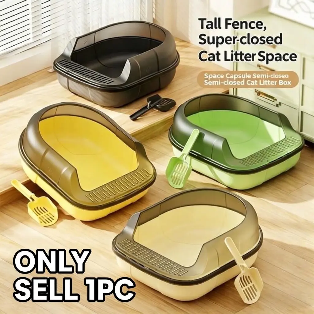 Half-Enclosed Cat Litter Box with Foot Pedal, Leak-Proof High-Side Design, Anti-Scatter Cat Toilet, Convenient Pet Bathroom Solution, Litter Tray, High Sided Litter Box