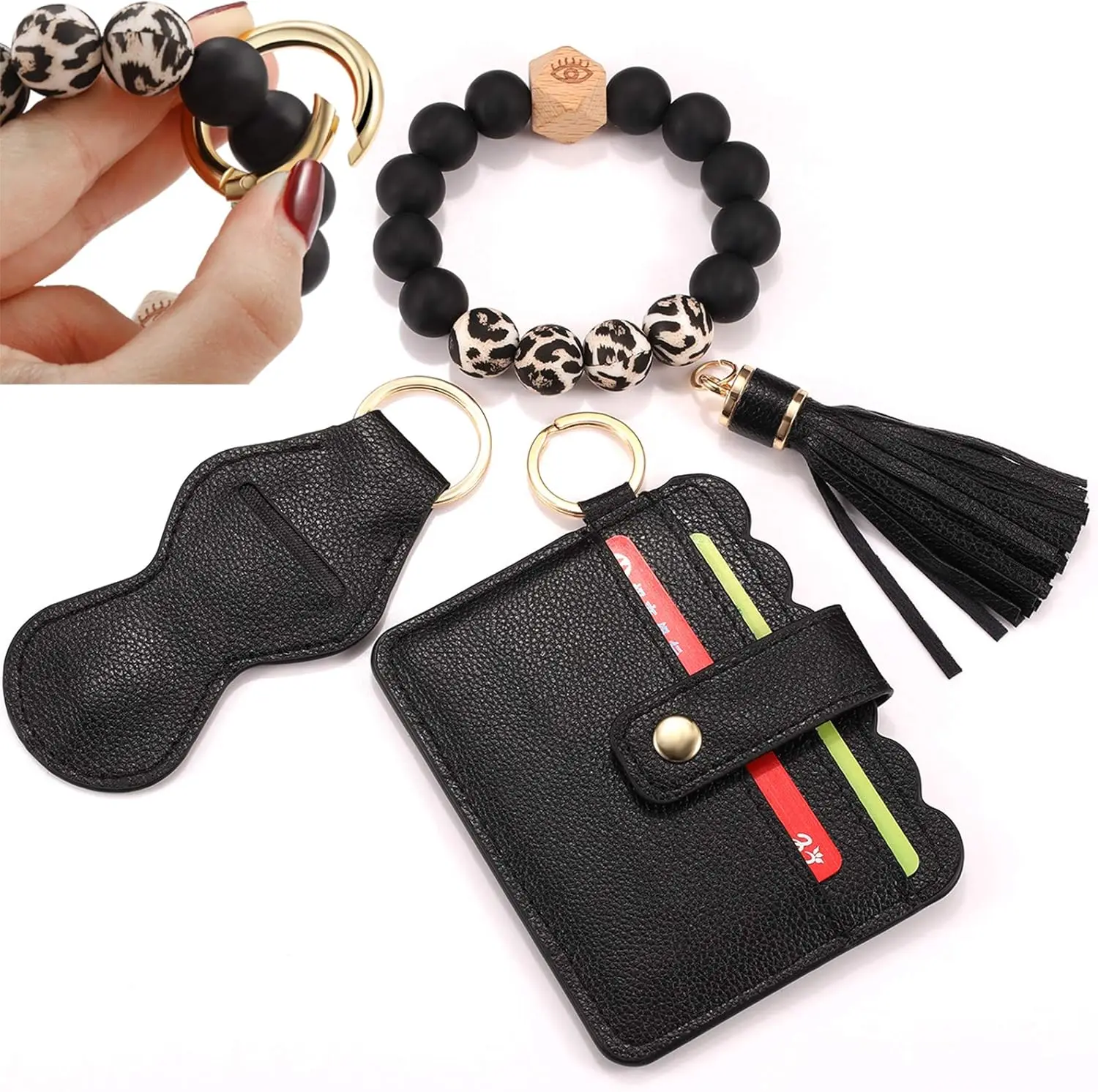 Wristlet Keychain Bracelet Wallet, Silicone Bead keyring Bangle for Women