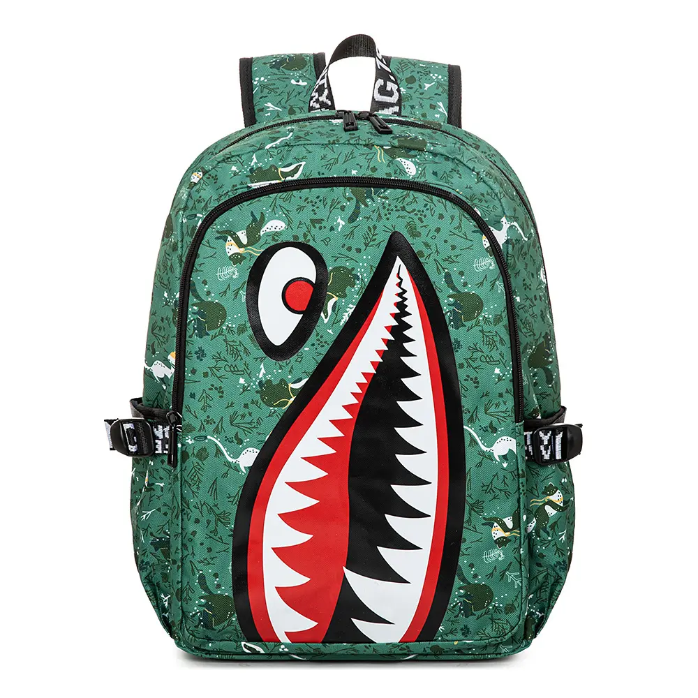 Sprayground Green Dinosaur Print Shark Mouth Backpack - Hype Streetwear Large Capacity Oxford Fabric Laptop Backpack for Teen Boys, Durable Fashion Bag for Back to School Daily Casual Use