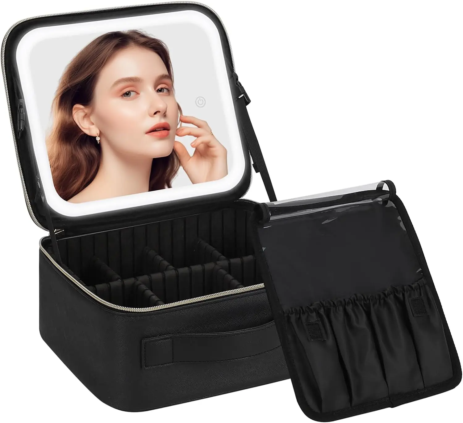 Makeup Bag with Mirror and Light Travel Case Cosmetic Bag Organiser Portable Artist Storage Bag with Adjustable Dividers Makeup Brushes Storage Organizer