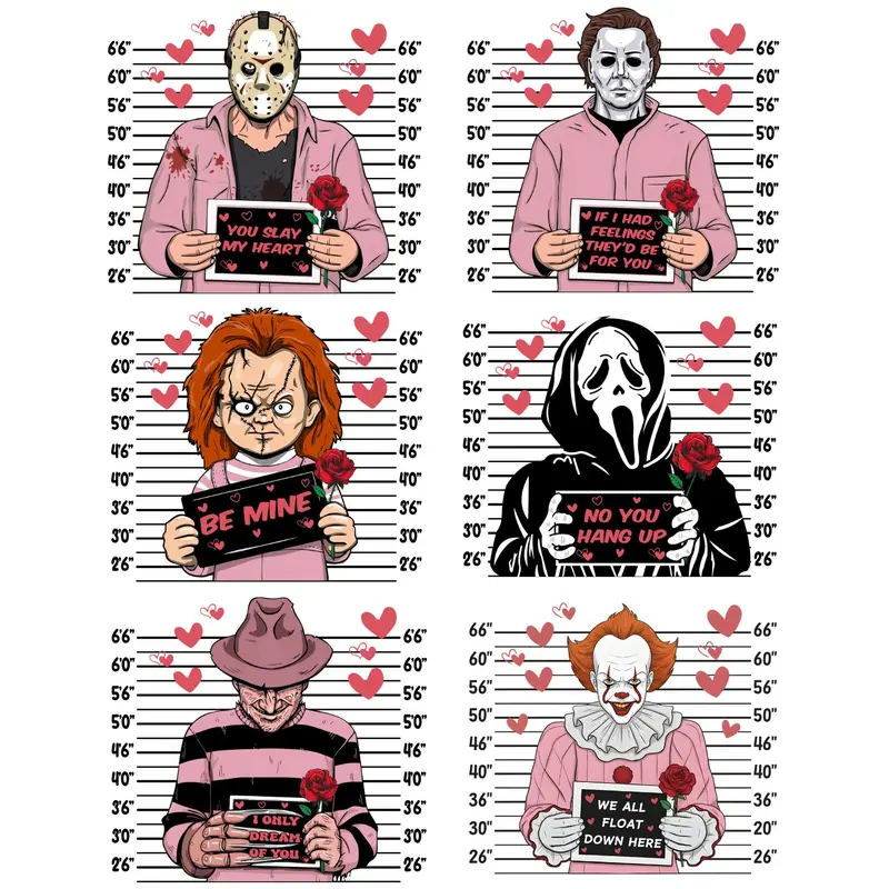 Valentine Horror Movie Characters Premade Gangsheet 6 Transfers Ready to Press DTF Hot Peel All Seasons Faux Rhinestone