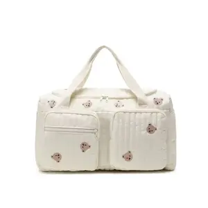 New Korean Fashion Mummy Diaper Bag with Large Capacity, Multi-Pocket Design with Functional Compartments for Various Baby Essentials; Zipper Top Flap Closure for Easy Access to Clothing & Supplies; Adorned With Cute Bear Patch