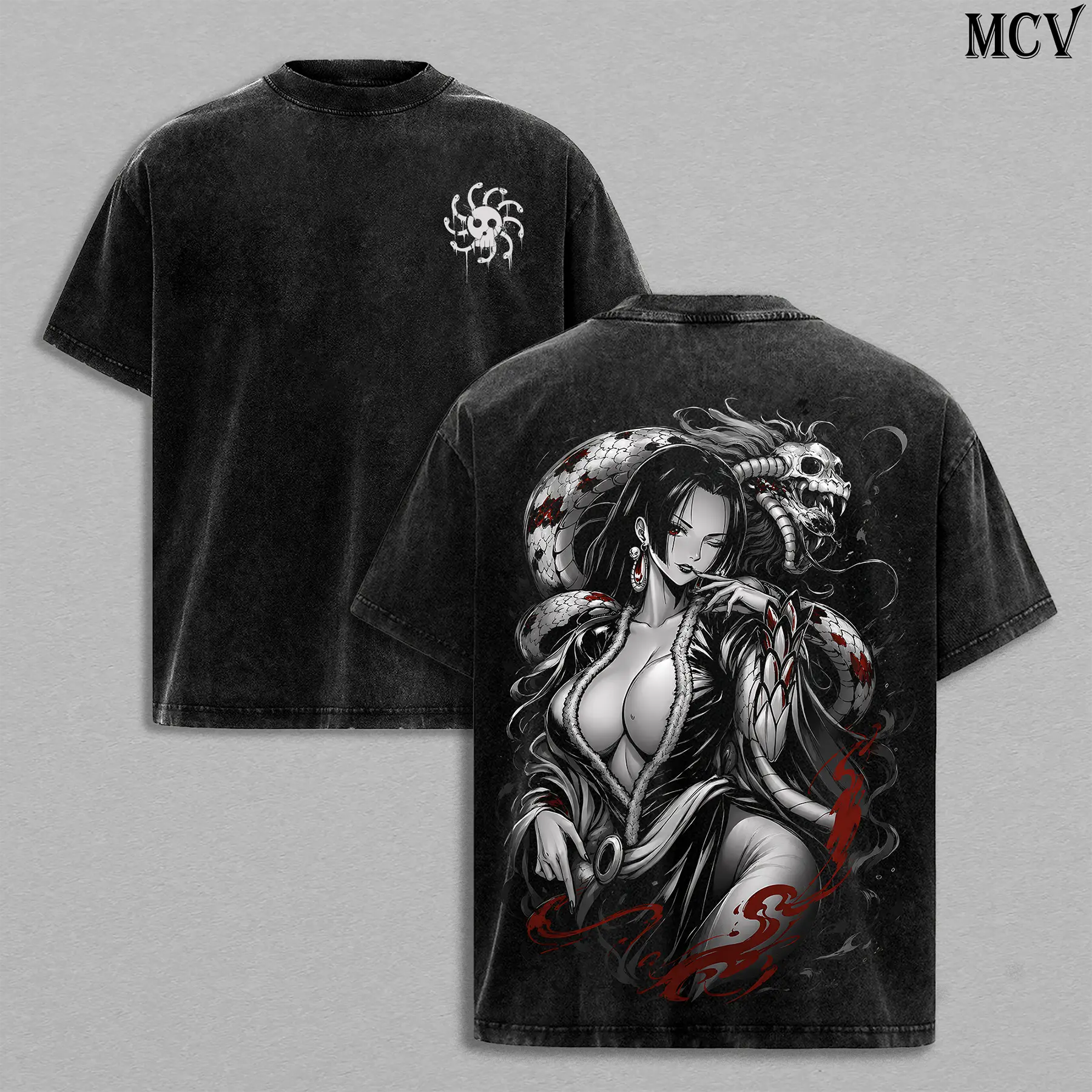 Boa Hancock T-Shirt – Vintage One Piece'es Washed Anime Manga Pirate Empress Graphic Double Printed Tee, Menswear Heavy Cotton Unisex Oversize Streetwear Edition