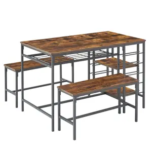 47" Dining Table Set for 4, 3 Pieces Kitchen Table Set with 2 Benches, Wine Rack and 2-Tier Storage Shelves, Space-Saving Breakfast Table Set for Apartment