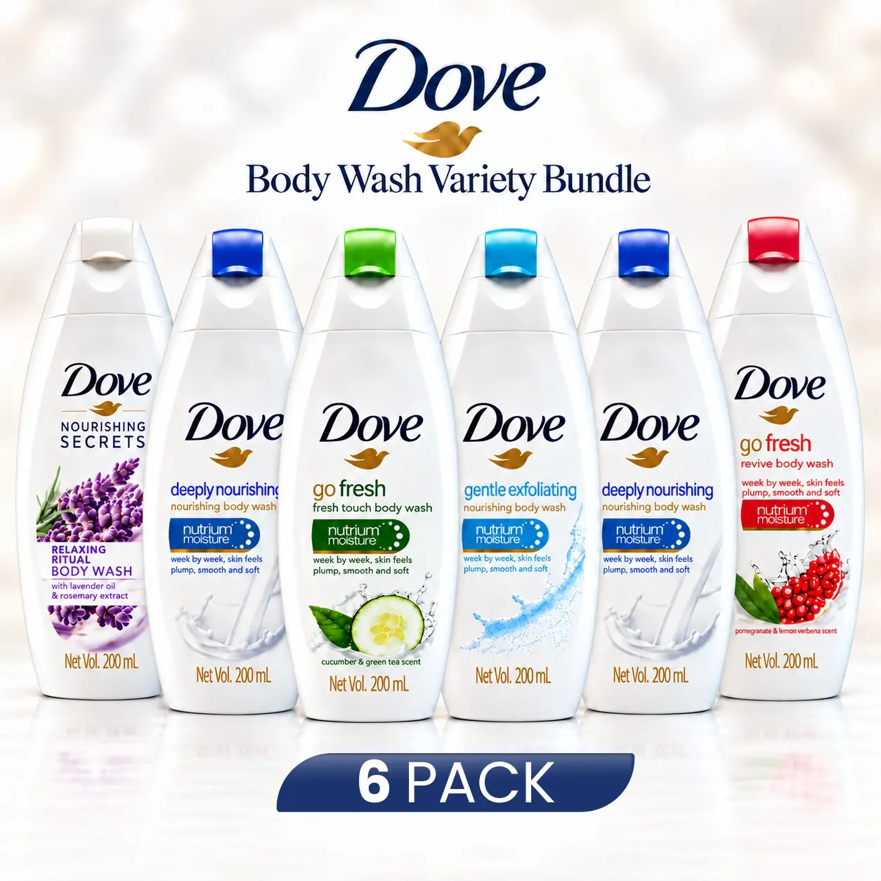Dove Body Wash Variety Bundle - 6-Pack Random Assorted Mix, 200 mL Each (Beauty & Personal Care Bath & Shower Cleanser)