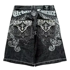 American Vintage Popular New Pattern Embroidery Baggy Denim Shorts Men Street Fashion Gothic Casual Joker Shorts Women Clothing, Trendy Summer Streetwear