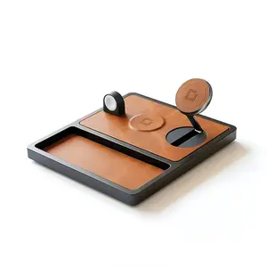 NYTSTND TRIO Qi2 - 3-in-1 MagSafe Wireless Charger with Tray, Lift-Up Coil & Apple Watch Charger - Saddle Brown on Black