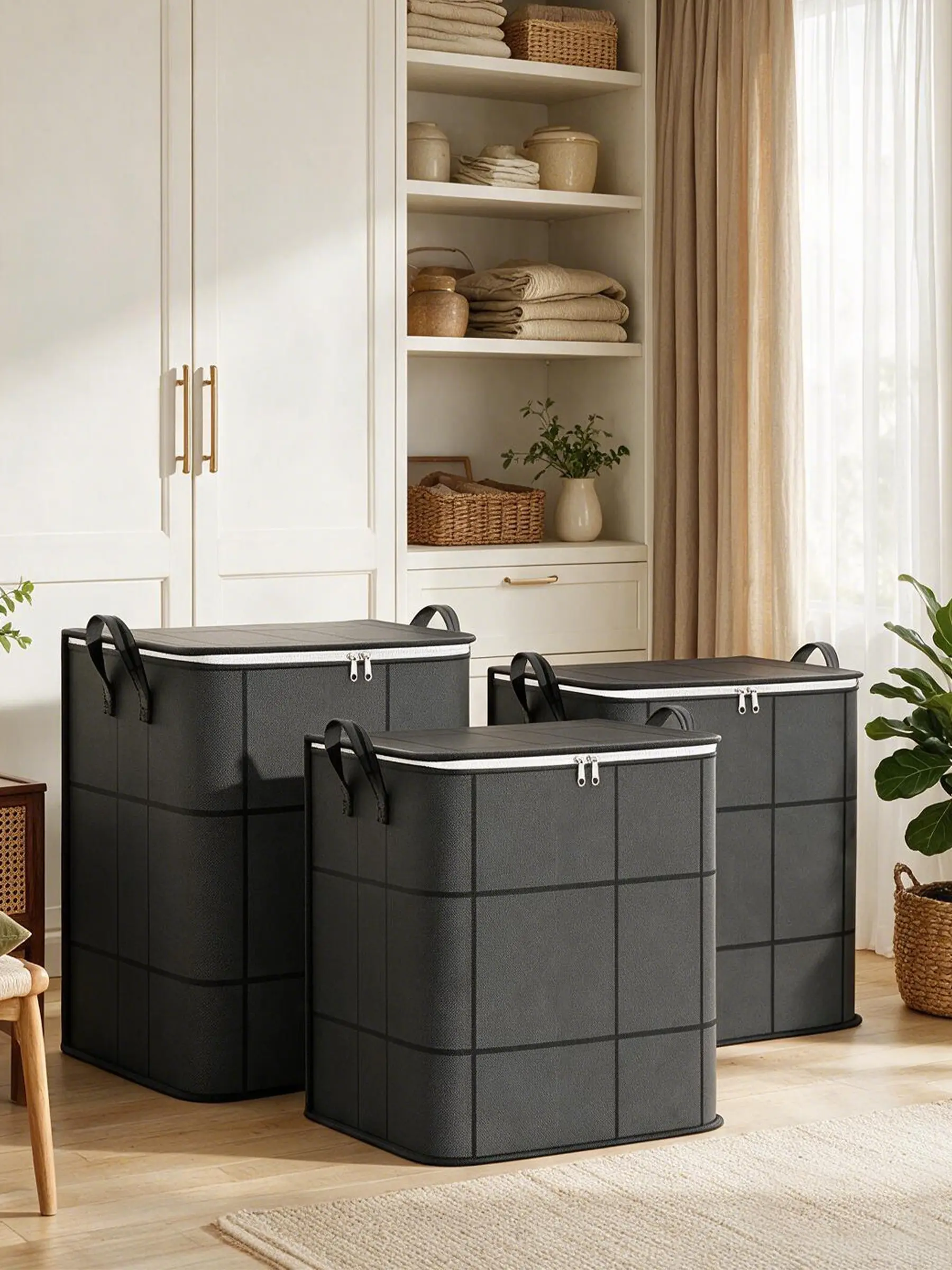 Fabric Storage Bin with Zipper, Organizer for Quilts, Bedding & Sweaters, Storage Organizer for Closet、Toys & Bedroom Gym Bag Organization, Closet Organizer
