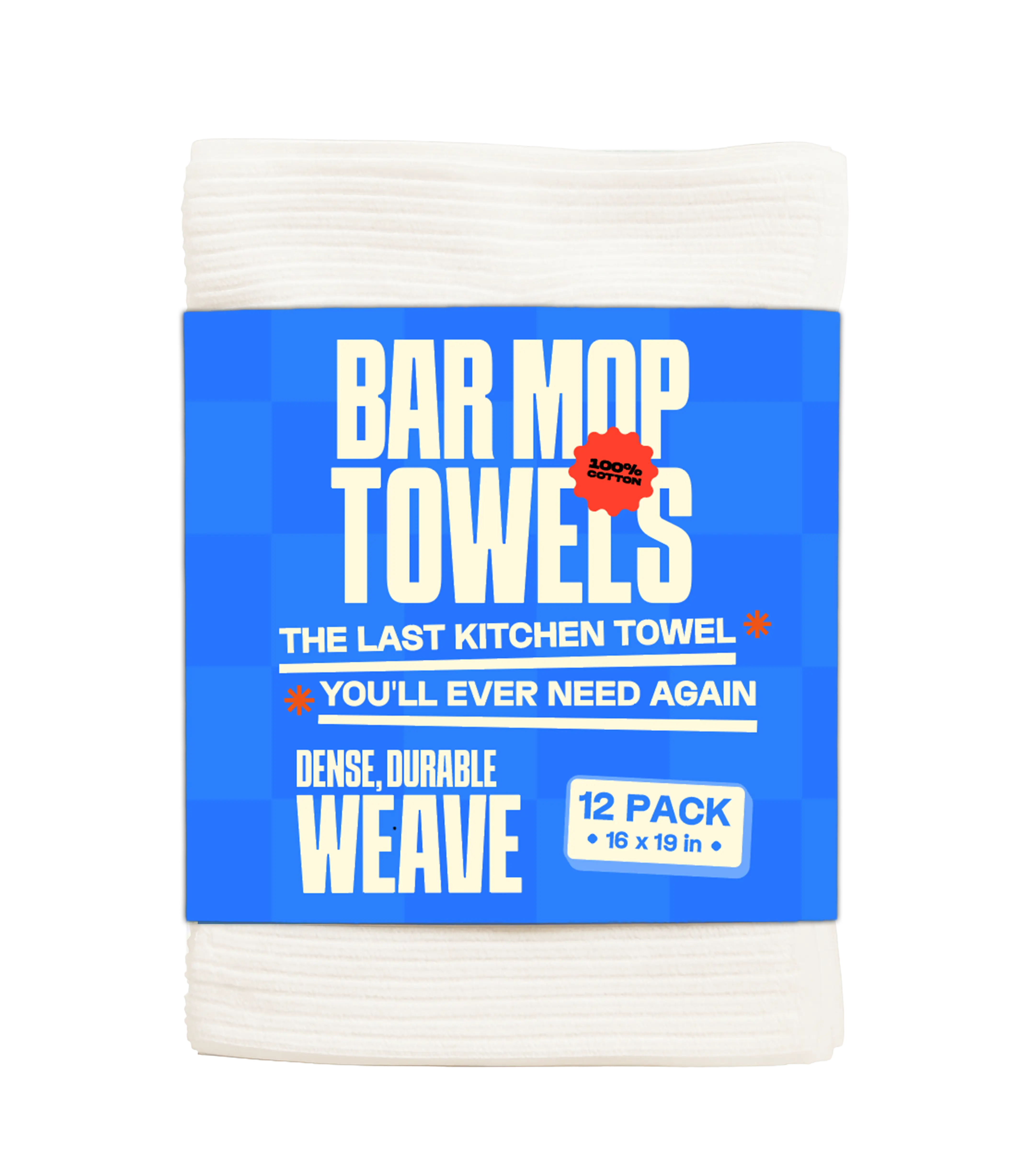Absorbit Bar Mops Kitchen Towels 100% Cotton 16x19 (12 Pack) Super Absorbent, Bleach Safe, No Fray Ribbed Terry Cloth