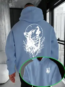 Men's Hooded Sweatshirt with Wolf Print, Soft Stretch Knit Fabric, Casual Fitted Style, All-Season Wear, Youthful Fashion Top