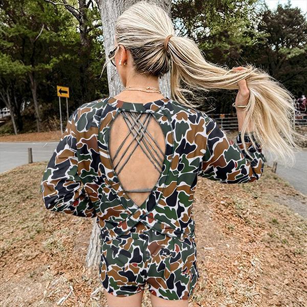 Women's Camo Long Sleeve Oversized Shirts Casual Hollow-out T-Shirts Pullover Crew Neck Tops Fall Fashion Outfits