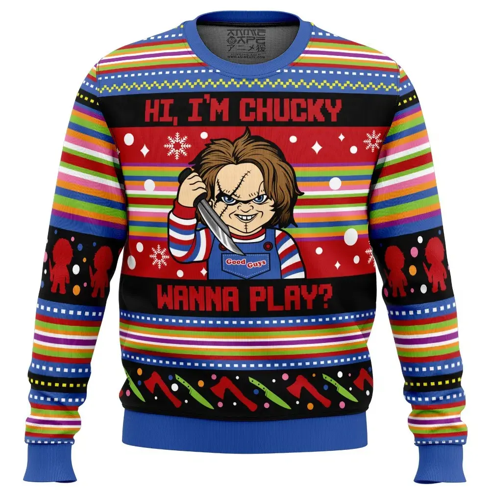 Chucky Ugly Christmas Sweater Hi Im Chucky Wanna Play Horror Doll Childs Play Funny Xmas 3D Print Pullover Mens Womens Oversized Warm Winter Fall Casual Streetwear