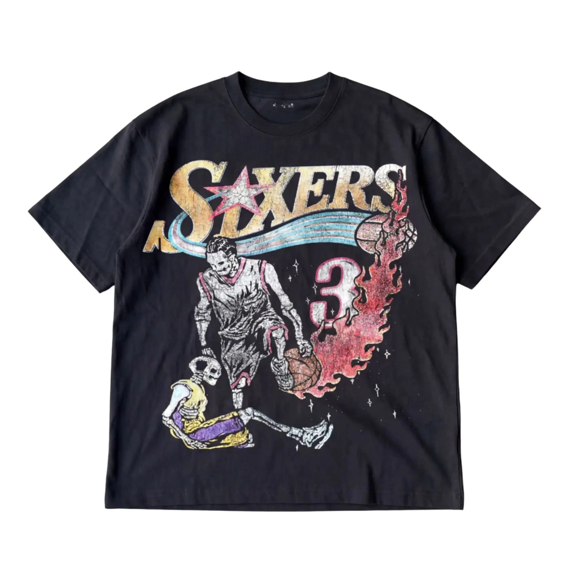 Retro Sixers Basketball Graphic T-Shirt, Allen Iverson Number 3 Skeleton Crossover Grungy Flame Burst Star Logo Art, Unisex Streetwear Tee For Sports Fans, Nostalgia Outfit