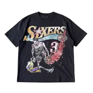 Retro Sixers Basketball Graphic T-Shirt, Allen Iverson Number 3 Skeleton Crossover Grungy Flame Burst Star Logo Art, Unisex Streetwear Tee For Sports Fans, Nostalgia Outfit
