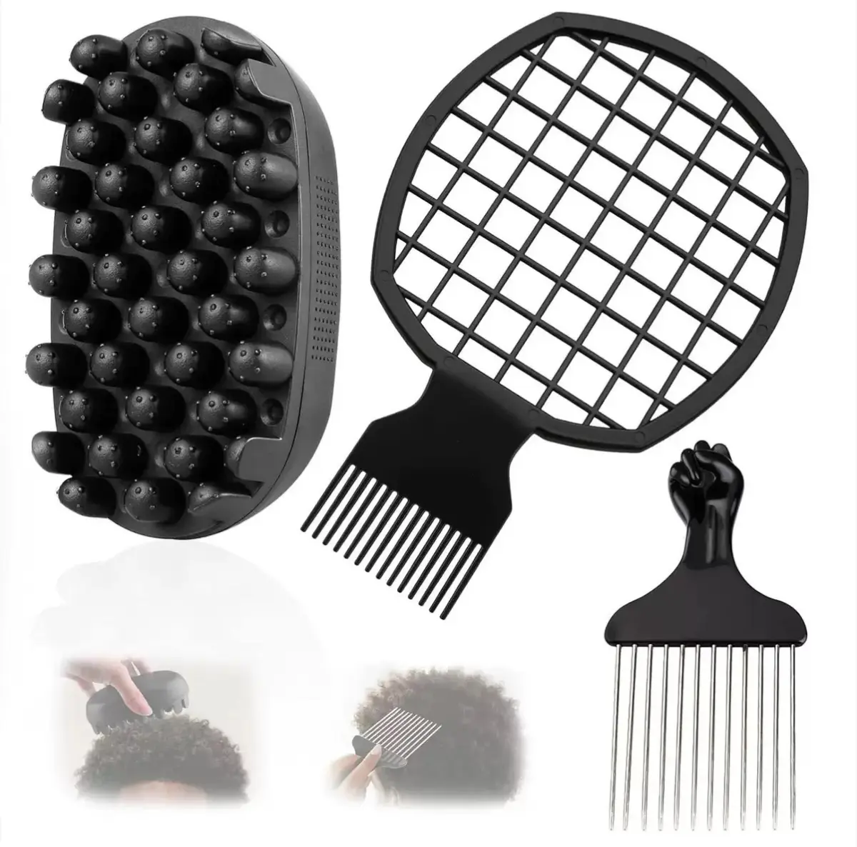 Washable Rubber Dreadlocks Hair Brush & Comb Set for Afro, Curly Hair Styling