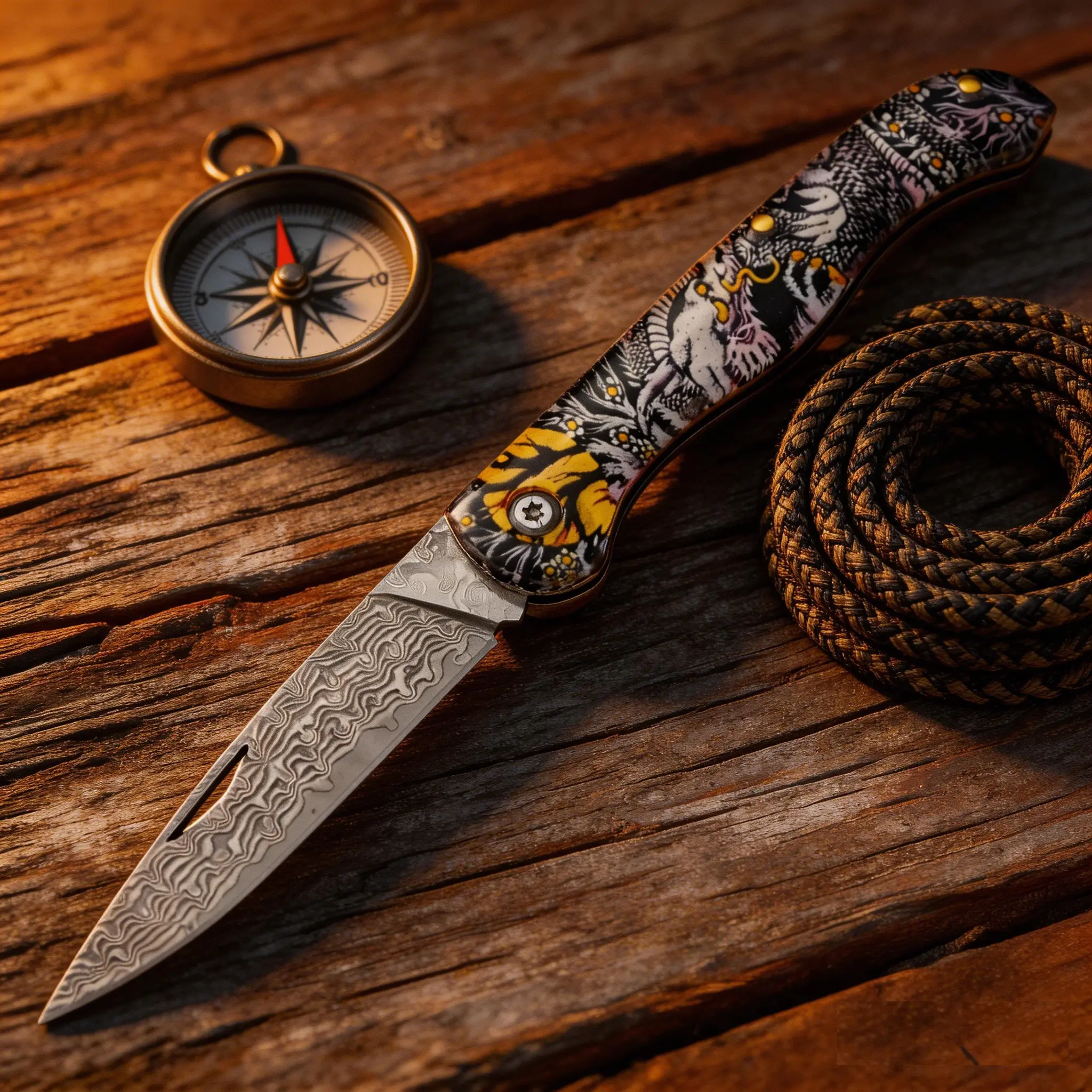 Damascus Steel Pocket Knife, 3D Printed Mythical Beast Handle, EDC Folding Knife for Outdoor Camping Hiking, No-Lock Utility Knife for Everyday Carry