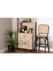 212 MAIN Mid-Century Modern Freestanding Kitchen Cupboard - Engineered Wood Unit with Metal Legs, Woven Rattan, Open Shelf, Oak Brown & Black Finish, Furniture for Kitchen