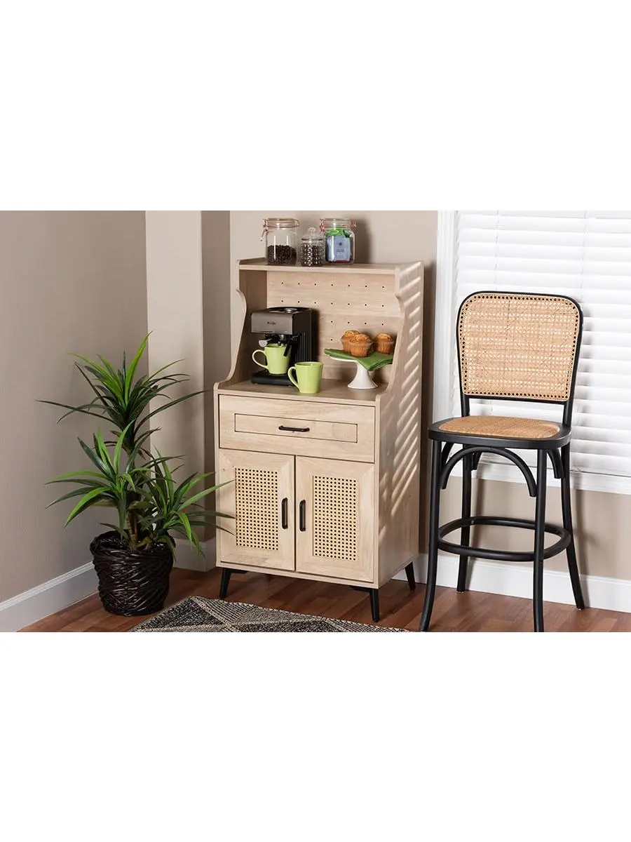 212 MAIN Mid-Century Modern Freestanding Kitchen Cupboard - Engineered Wood Storage Furniture with Metal Legs, Woven Rattan, Open Shelf, Oak Brown & Black Finish, Assembly Required Home Improvement Kitchen Fixture, 62 Lbs