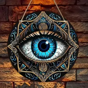 Boho Style Evil Eye Design Hanging Decor, Round Wooden Hanging Ornament, Wall Decor for Home Living Room Bedroom, Boho Decoration, Interior Wall Decor
