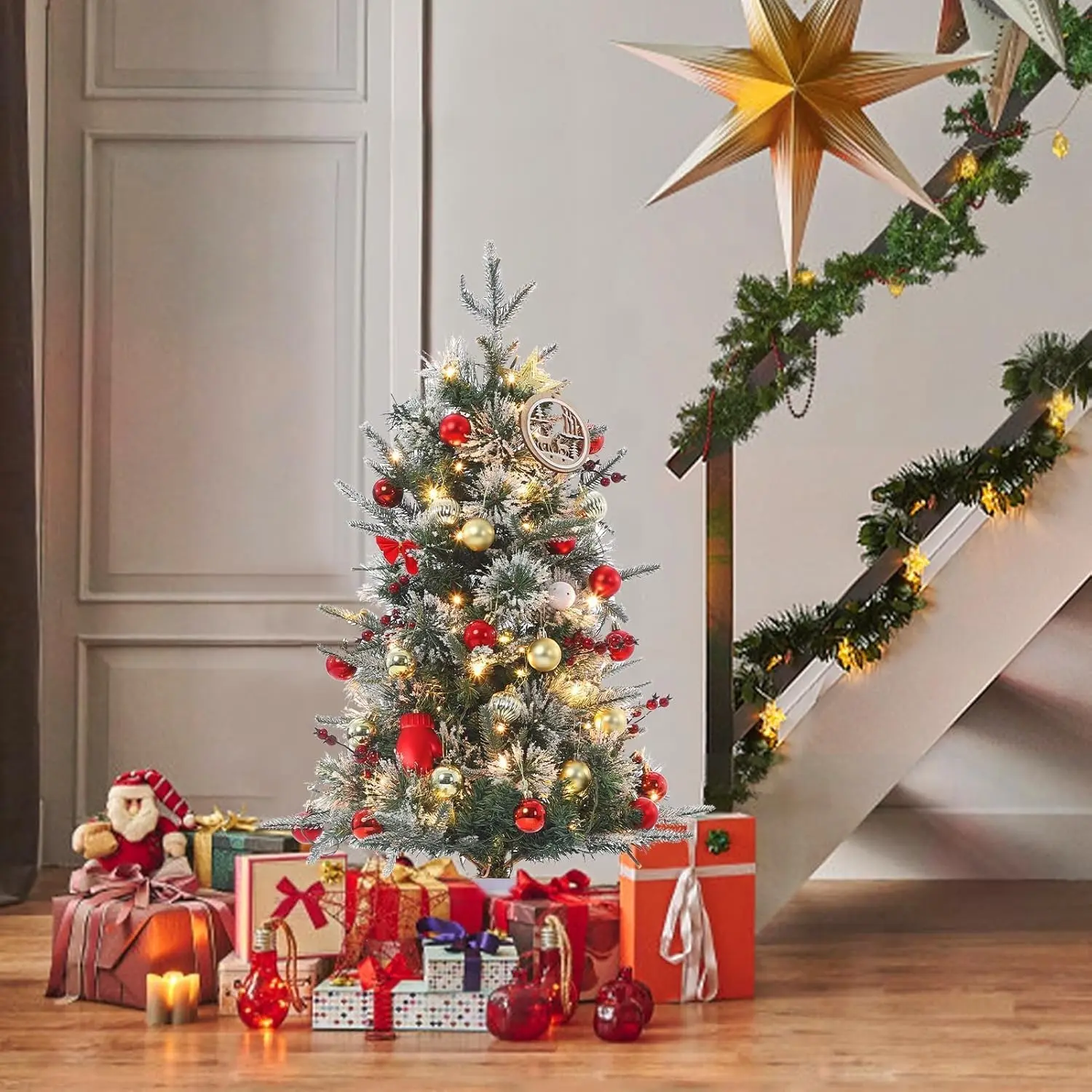 【Christmas Gift】3 Ft Christmas Tree, Pre-Lit Artificial Snow Flocked with Timer, Battery Operated Tabletop Tree, LED Lights, Compact Foldable Branches for Home and Office