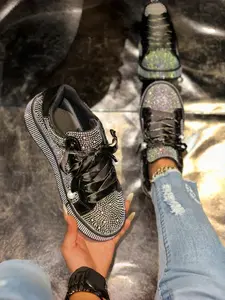 Blingbling Full Rhinestone Thick Sole Casual Board Shoes for Women, High-End Pearl Satin Laces, European Style Height-Increasing Shoes
