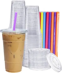 [24 oz. - 100 Count Clear Cups with Flat Lids & Straws - Disposable Clear Drinking Cups for Iced Coffee, Cold Drinks, Milkshakes, and Smoothies
