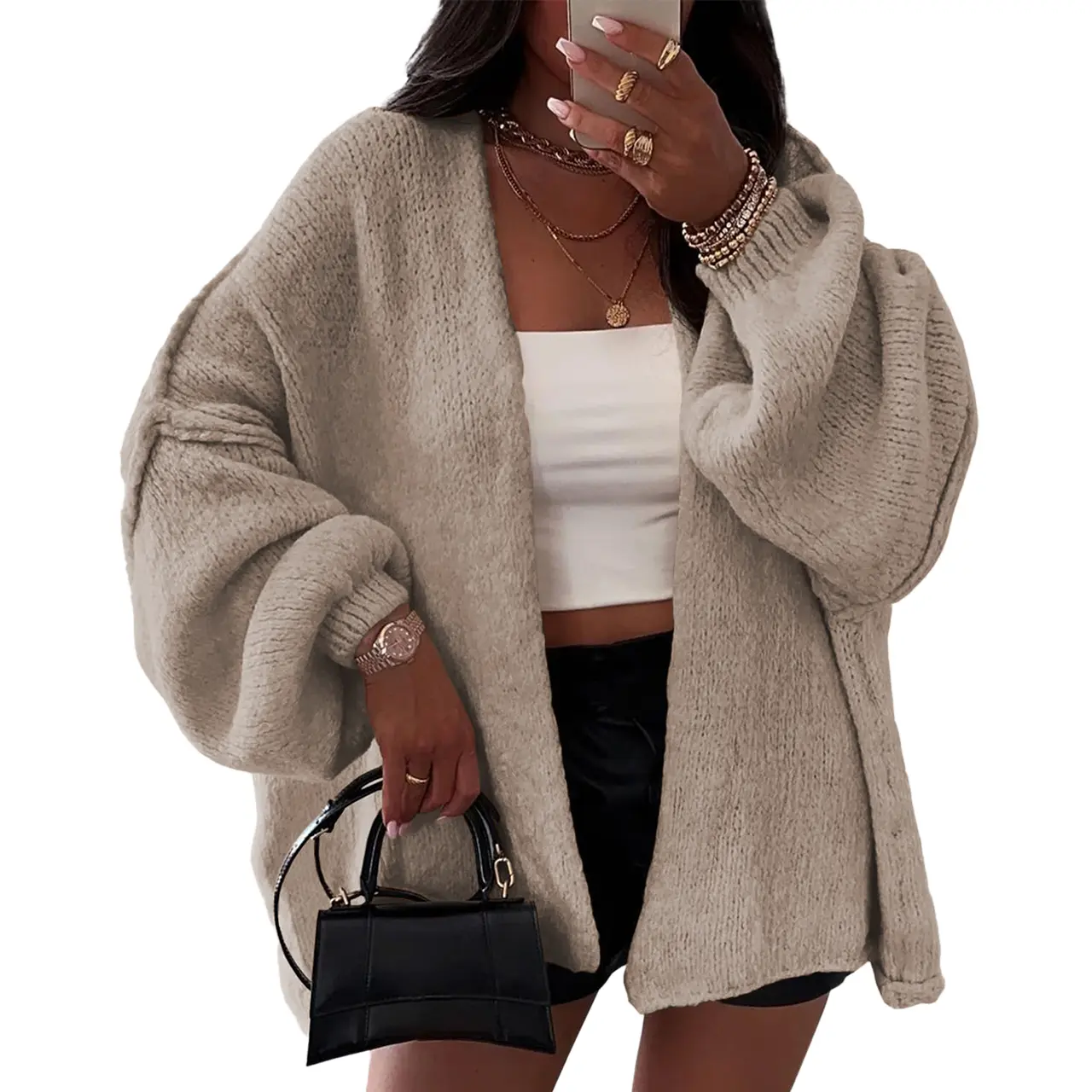 MaLinfandor Cardigan for Women, Oversized Chunky Knit Open Front Sweater Coat, Slouchy Long Lantern Sleeve for Casual Fall Wear, School, Tops, Long Sleeve Tops, Cardigans