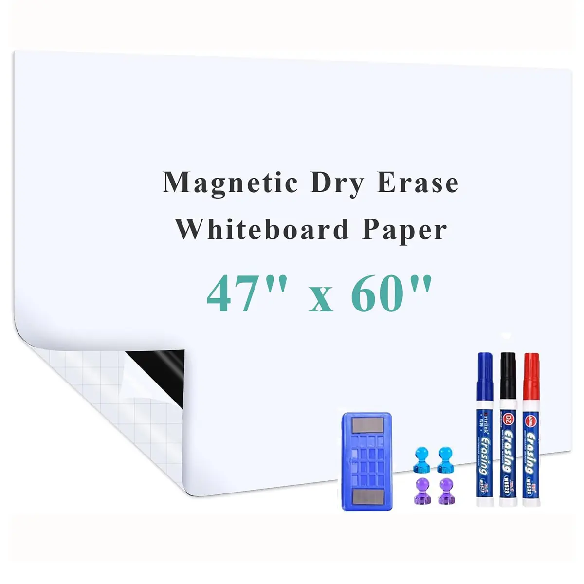 Magnetic Dry Erase Whiteboard Paper, 47" x 60" Self Adhesive Whiteboard for Wall, Easy to Write and Clean Dry Erase Board for Kids, Office, Home, with Marker, Magnetic Eraser and Magnets