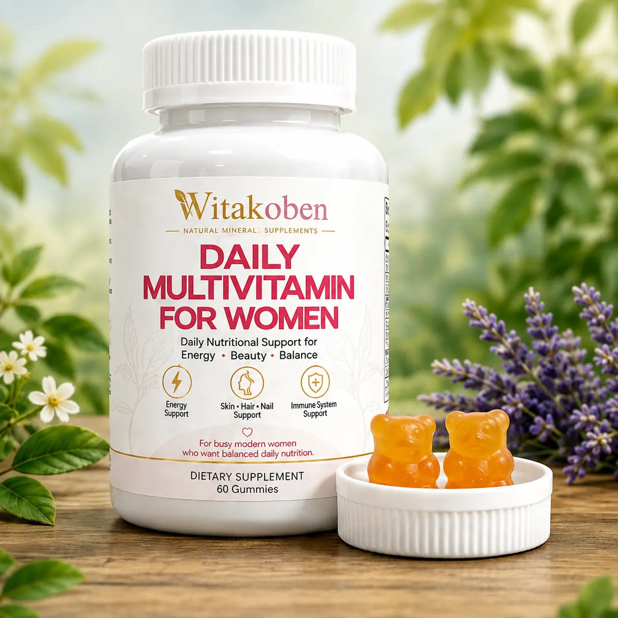 WITAKOBEN Women's Daily Multivitamin Gummies - 60 Count, 30 Servings, 12 Essential Vitamins & Minerals with Biotin, Zinc, Iron for Healthcare & Fitness Support