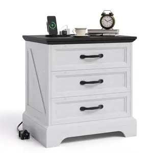 Modern Farmhouse Nightstand with Charging Station & 3 Large Drawers, 24.8" Rustic Wood End Table for Living Room & Bedroom, White