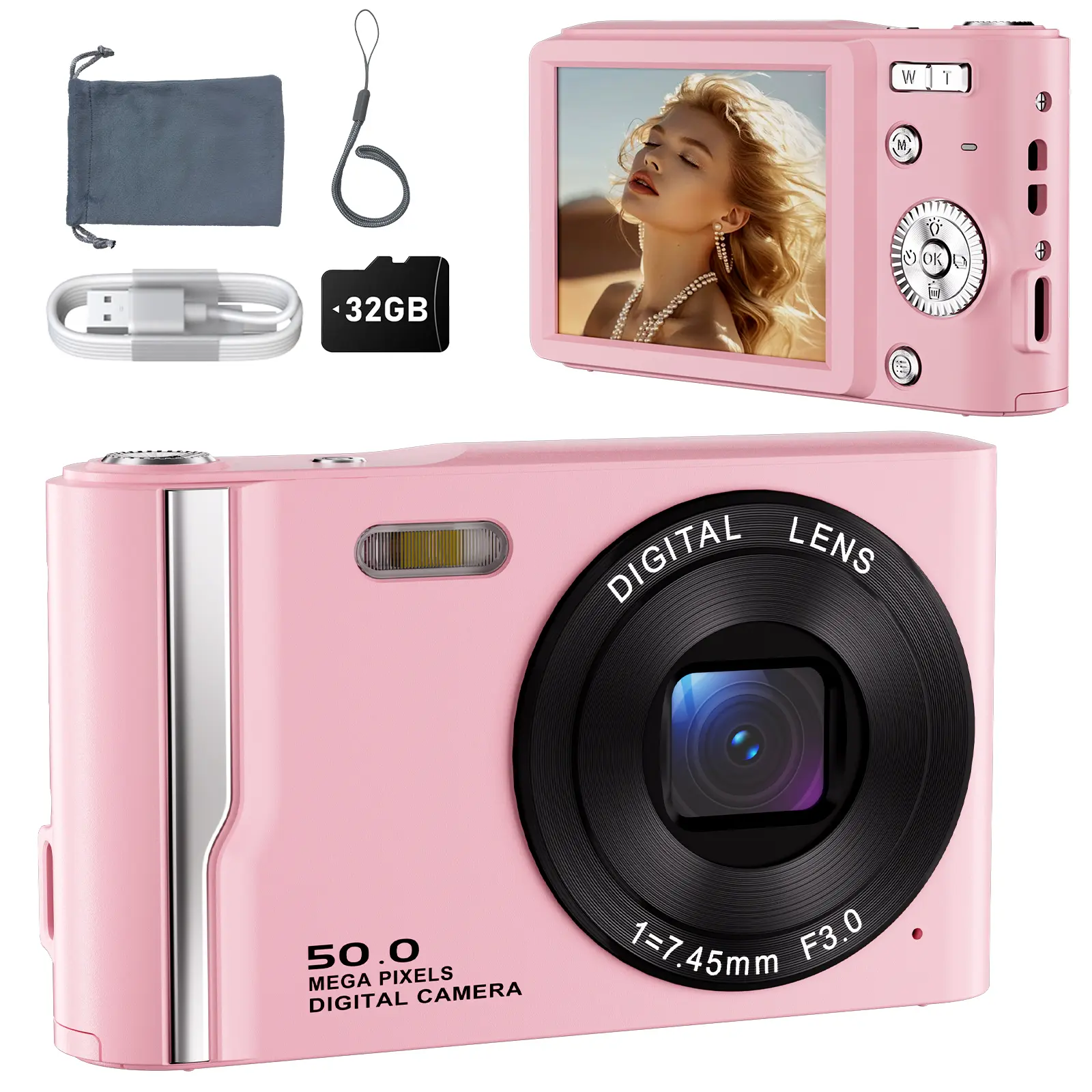 Digital Camera for Photography with 50MP, 2.4 Inch Screen, 16X Digital Zoom, Portable Pocket Vlogging Camera with 32GB Micro SD Card,Compact Camera,Ideal for Beginners,Adults, Teens & Kids Pink homedecor Rechargeable Camera