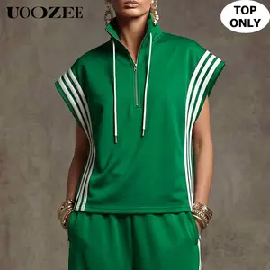 UOOZEE Women's 100% Polyester Half-Zip Dolman Sleeve Tank Top - Oversized Loose-Fit White Striped Casual Track Top, Smooth Fabric Sportswear for Workout & Bike, Spring Summer Activewear (Size Down 2 Sizes; Pair with Leggings, Joggers, Sweatshirt)