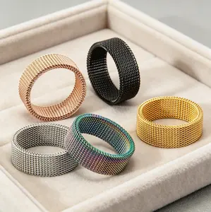 Stylish 8mm Multicolor Titanium Steel Mesh Plaid Ring, Neutral Unisex Fashion Accessory Great For Daily Casual Outfits