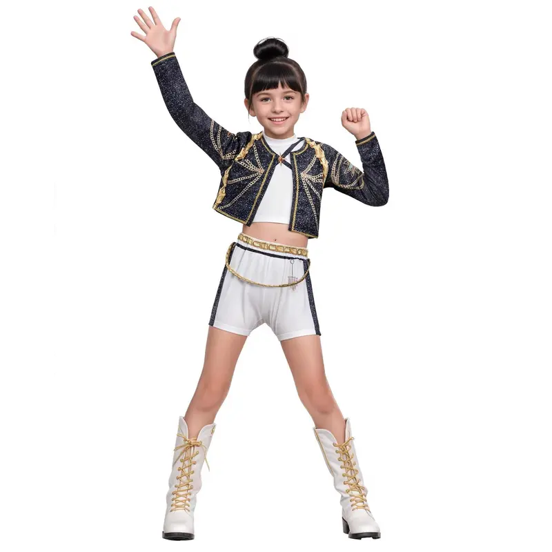 KPop Rumi Girls 3Pcs Costume Set, Mira Character Role Play Outfit, Girls 3Pcs Pop Star Stage Costume Set, Sparkly Glitter Jacket + Crop Top + Shorts, Kids Performance Outfit for Talent Show & Party