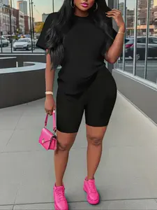 Breathable Elastic Polyester Fabric Women's Fitted Short Sleeve T-Shirt Shorts Set, Top, Fashion Casual Spring Summer, Daily Wear