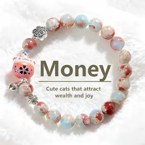 Natural Shoushan Stone Beads Maneki Neko Wealth Stretch Bangle - Cute Lucky Cat Design, Money Charm, Crystal Healing Money Magnet, Gold Attraction Good Luck Jewelry, Daily Wear Genuine Stone Gift for Her
