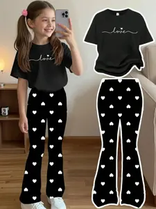 Young Girls Casual Heart Short Sleeve T-Shirt and Floral Bell Pants Set, Perfect for Valentine's Day and Daily Wear