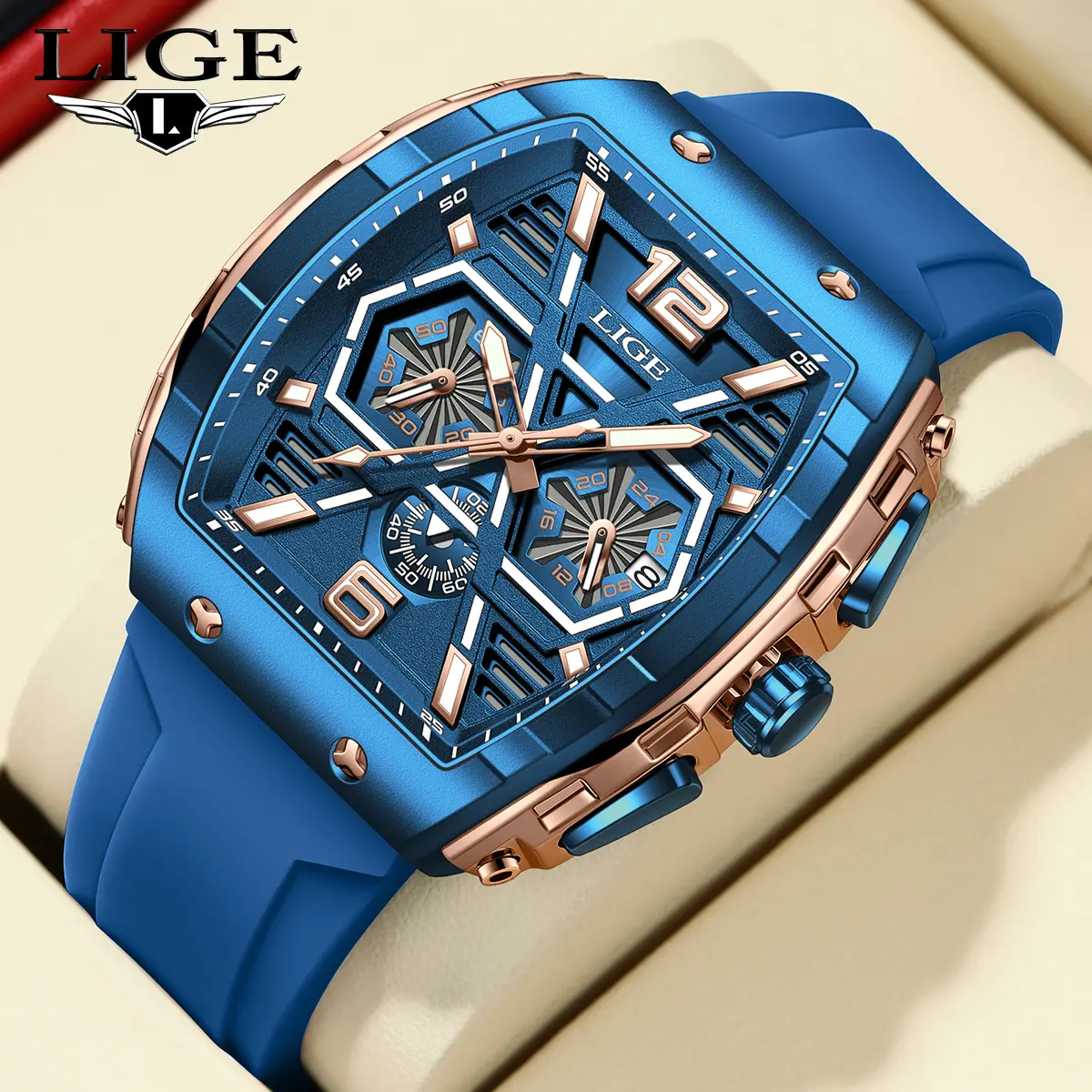 LIGE Men's Casual Quartz Analog Watch - Rectangle Dial Silicone Band Quartz Wristwatch, 5ATM (50m) Water Resistance, Ergonomic Fit, Night Glow, Everyday Use, Clasp, Batteries, Cleaning Cloth, Hardlex Glass, Luminous