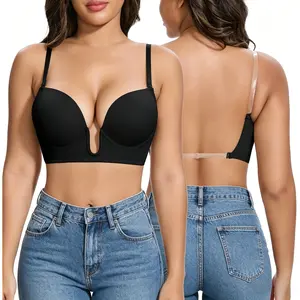 Women's Plunge Bra Deep V Neck Backless Push Up Low Cut Bras, Lightly Padded Bralettes Convertible with Clear Straps Dress Bra Multiway Use for Wedding Party Daliy Wear