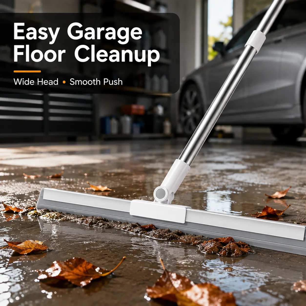 Floor Squeegee Broom with Long Handle, Heavy Duty Rubber Squeegee Kit, Scrubber for Tile Floor, Garage, Concrete with 2 Replacement Heads & 1 Cloth (3-in-1 Set)