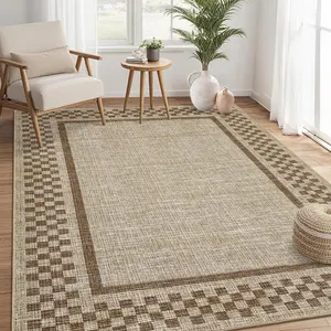 Garvee 5x7 Washable Area Rug for Bedroom Living Room Non Slip Modern Bordered Throw Rugs Low Pile Soft Checkered Dining Room Area Rugs Geometric Throw Carpet for Kitchen Nursery Office, Taupe