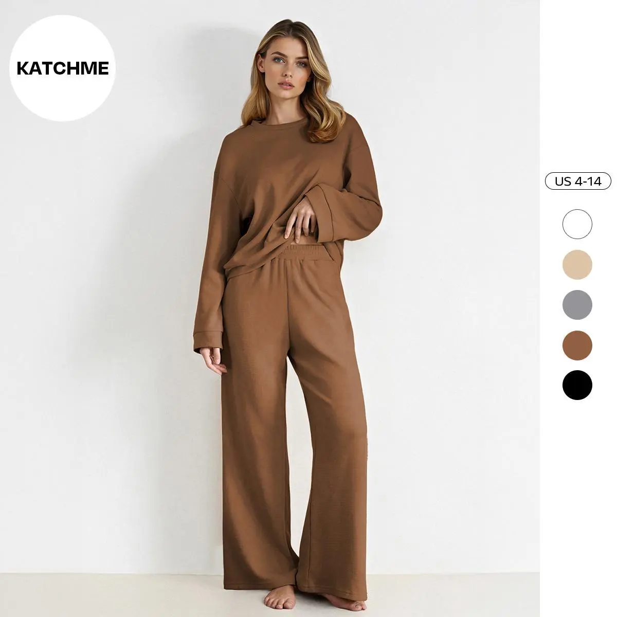 KatchMe Women's Spring & Fall Slouchy Scoop Neck Textured Long Sleeve Top & High Waist Stretch Trousers Co-ord, Soft Breathable Two Piece Outfits(CN)